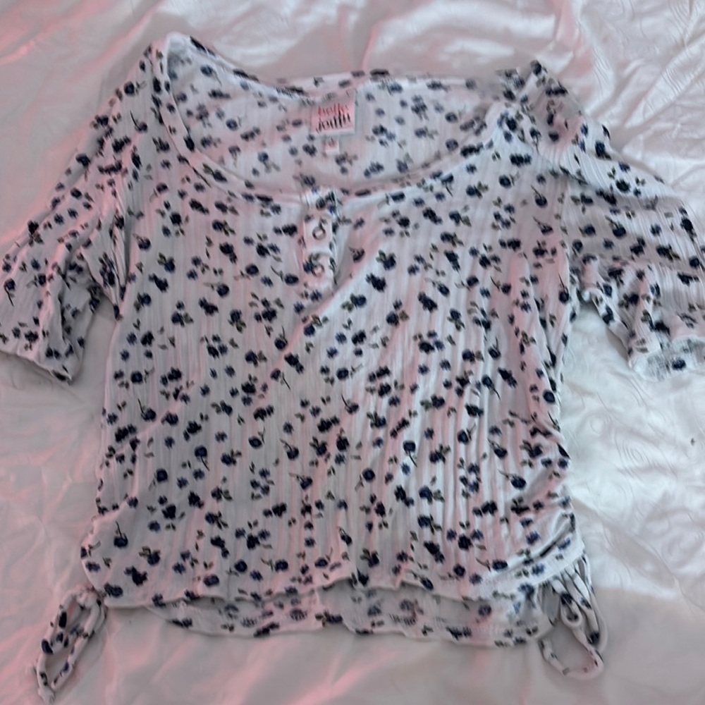 Belle Du Jour White and Black Ribbed Tie Front Blouse